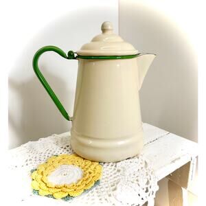 MCM Enamelware Coffee or Tea Pot – Cream with Green Trim – Farmhouse/Cottage